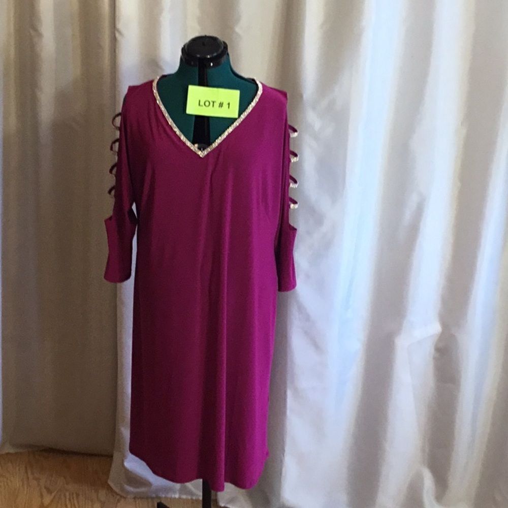 NWOT PARTY dress in pinkish purple with v neck jewels at neck & sleeves